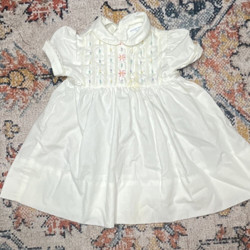 Vintage Polly Flinders Hand Smocked Baby Dress Newborn 0-3M White Floral READ